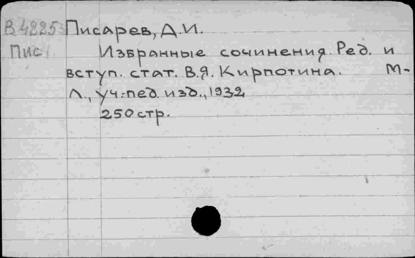 ﻿P) Пис^1ре.ь, Д.И.
ПНС	ИъБ^йнн&1е сочинени у. РеЪ. SA
Вступ. СТРГГ. В>.^. 1^4 ХЛОПОТ V4 НР\ <	№
-lÆu, уч .-neb. vaэЪ. JЗЗХ J___-kso от|э.